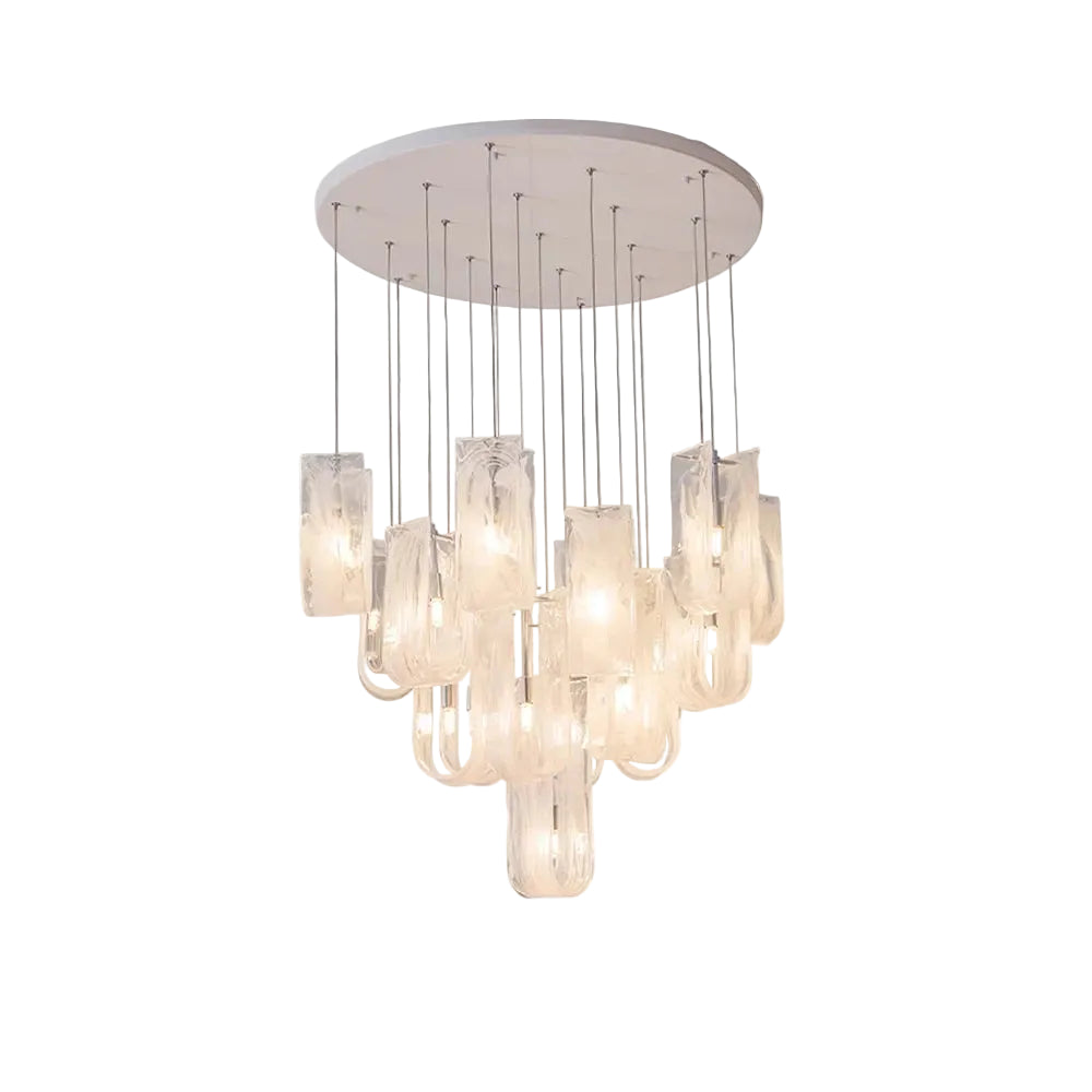 Modern Multi-Light Art Glass Chandelier with Silver Canopy on Pure White Background