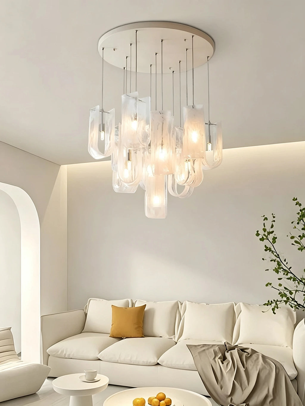 Modern Multi-Light Art Glass Chandelier in Cozy Interior