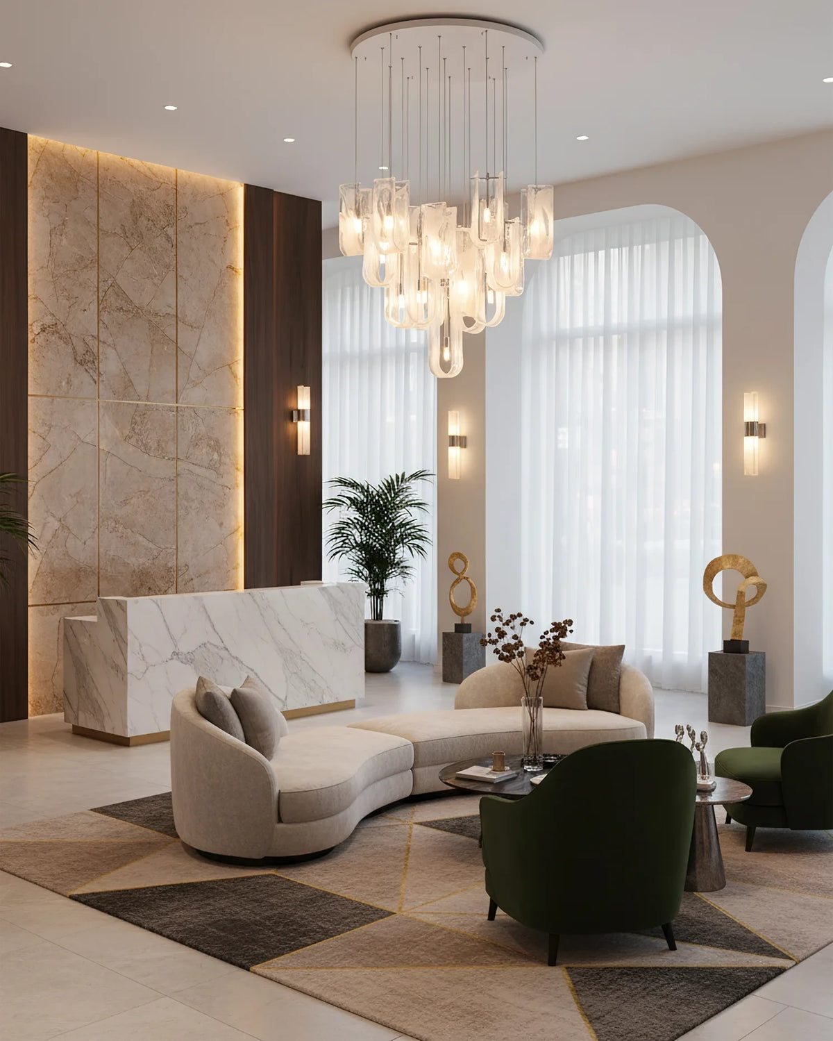 Modern Multi-Light Glass Chandelier in Luxury Living Room