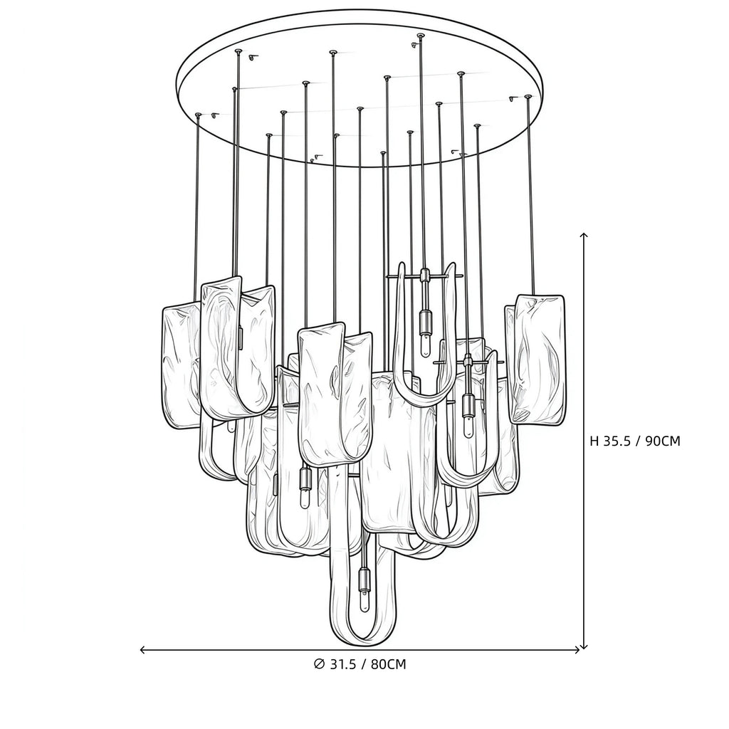 Large Multi-Light Art Glass Chandelier Line Art Dimension Diagram