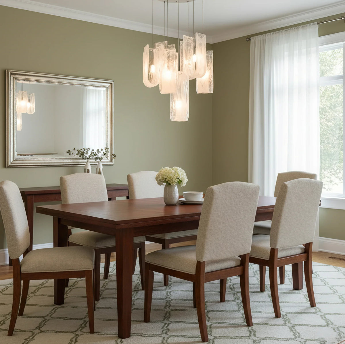 Modern Art Glass Chandelier in Bright Dining Room