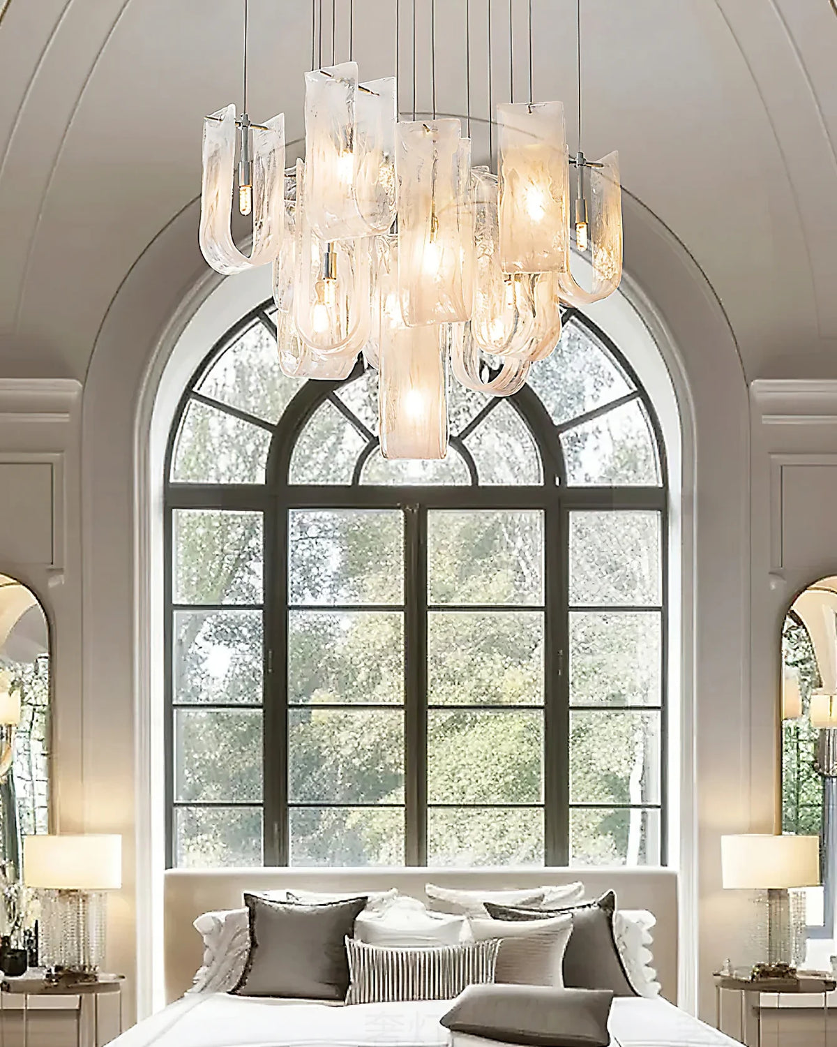 Modern Multi-Light Glass Chandelier in Master Bedroom Setting