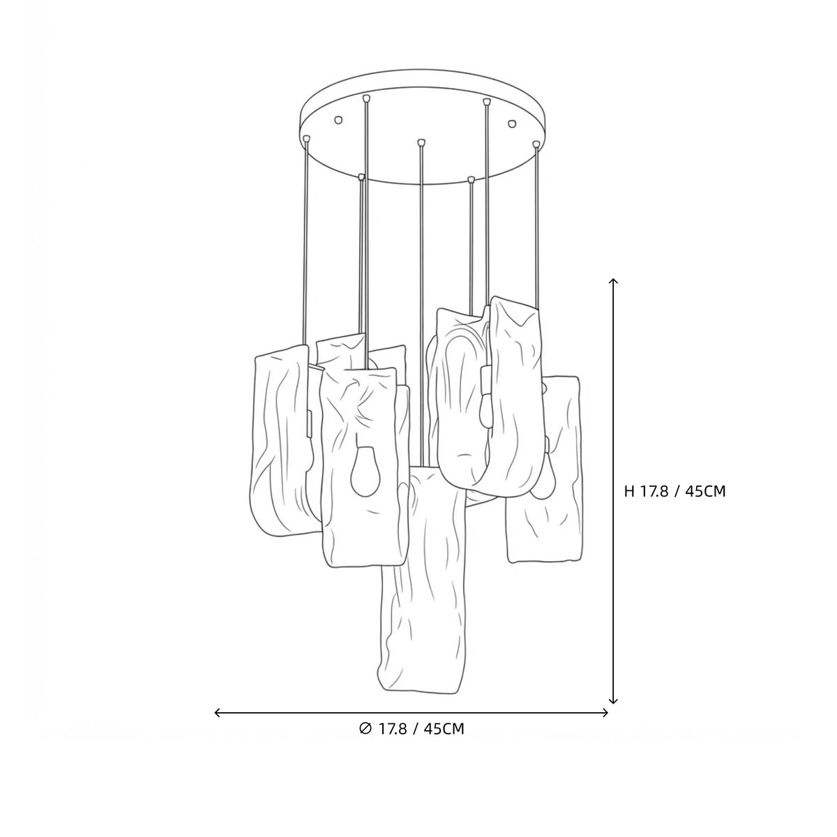 Small Multi-Light Art Glass Chandelier Line Art Dimension Diagram