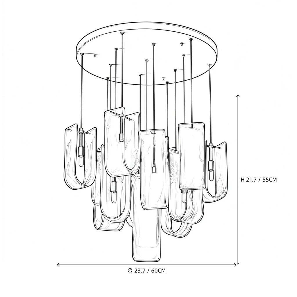 Medium Multi-Light Art Glass Chandelier Line Art Dimension Diagram