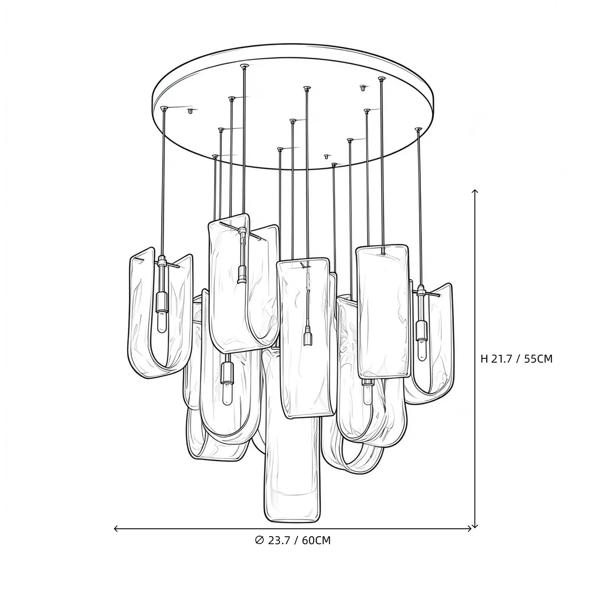 Medium Multi-Light Art Glass Chandelier Line Art Dimension Diagram