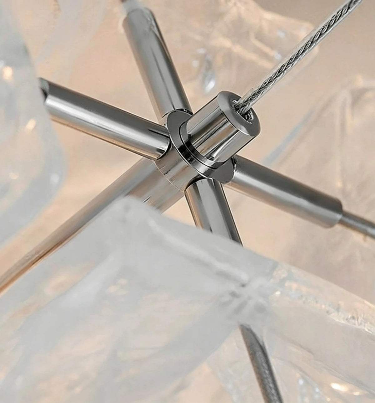 Close Up View of Central Metal Frame and Glass Shades Connection