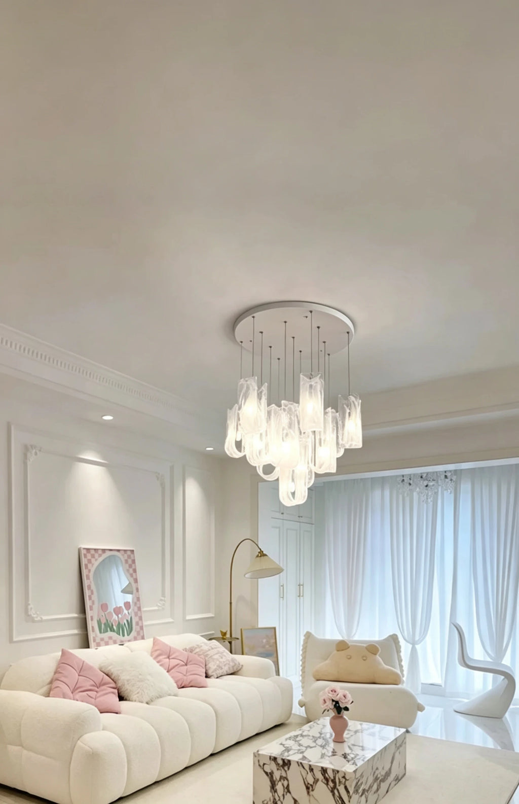 Modern Multi-Light Glass Chandelier in Contemporary Living Room