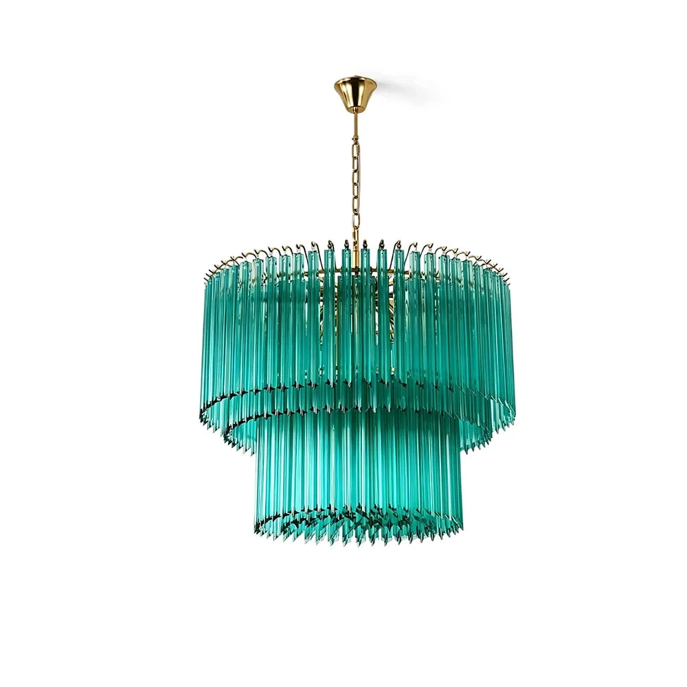Modern Brass and Teal Fluted Art Glass Chandelier with Gold Canopy on Pure White Background
