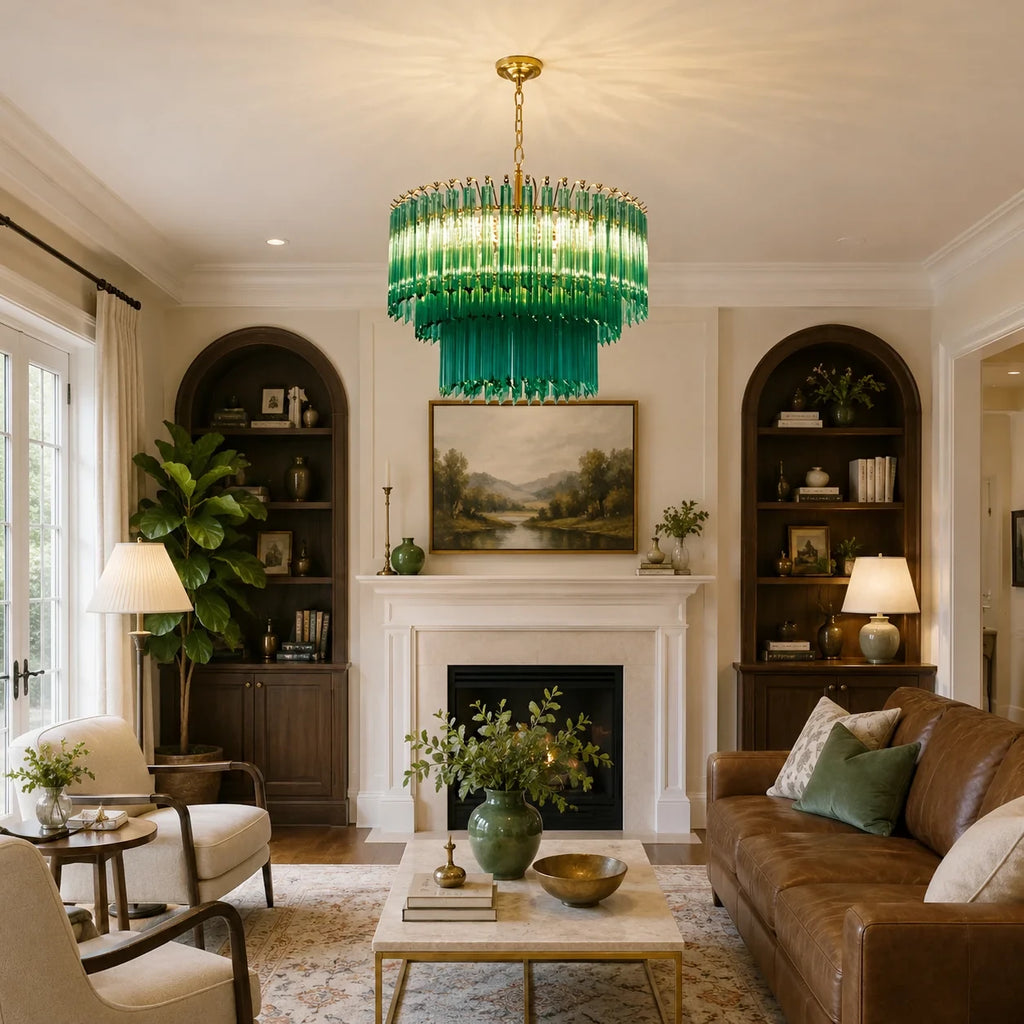 Modern Brass Teal Fluted Art Glass Chandelier in Cozy Living Room