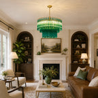Modern Brass Teal Fluted Art Glass Chandelier in Cozy Living Room