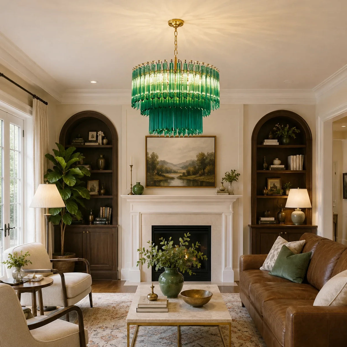 Modern Brass Teal Fluted Art Glass Chandelier in Cozy Living Room