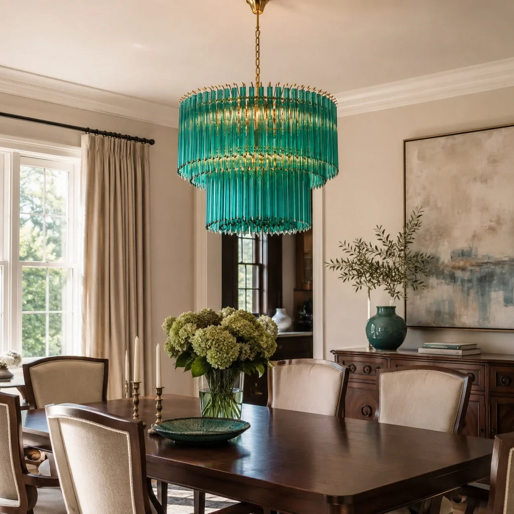 Modern Teal Fluted Art Glass Chandelier in Stylish Dining Space