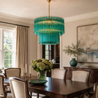 Modern Teal Fluted Art Glass Chandelier in Stylish Dining Space