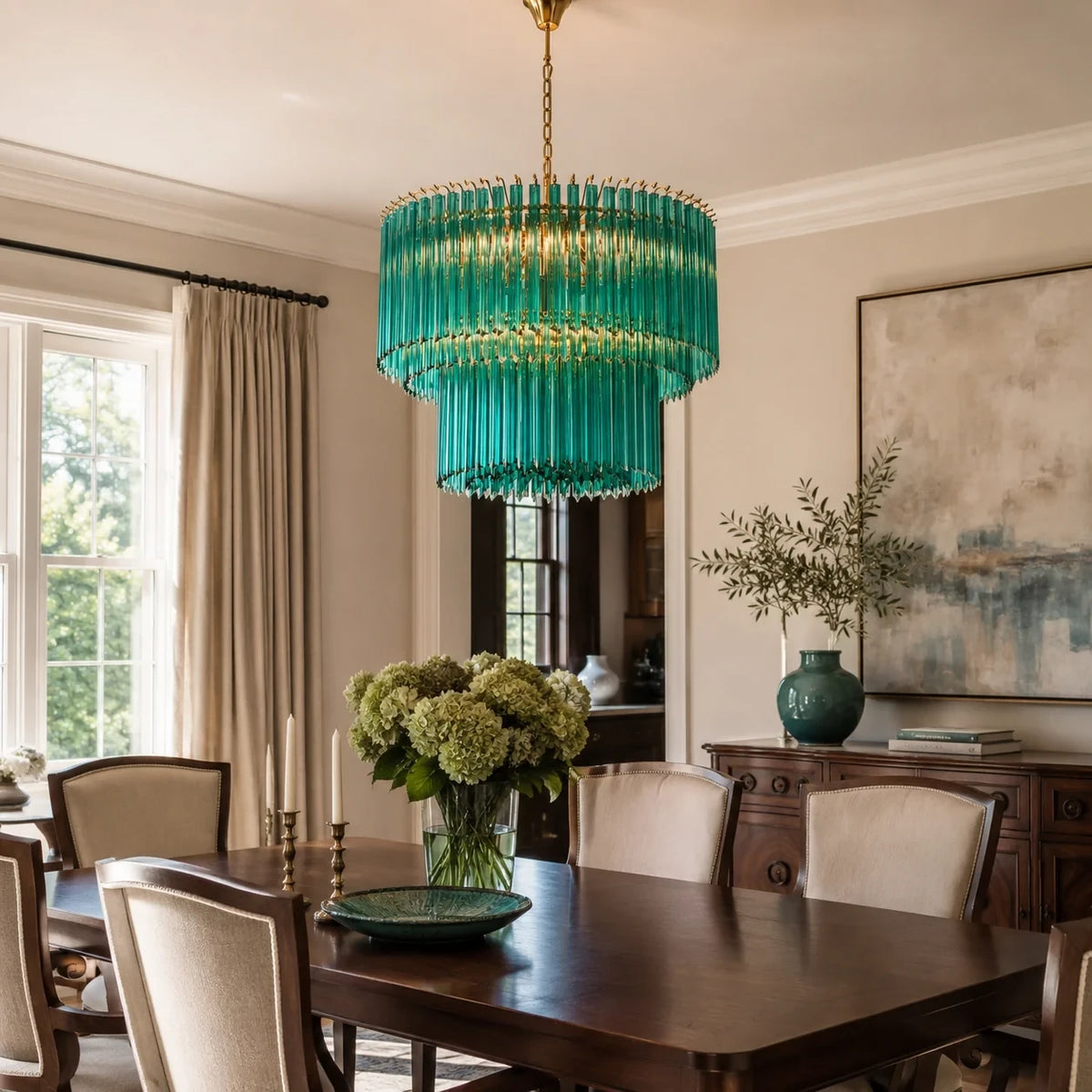 Modern Teal Fluted Art Glass Chandelier in Stylish Dining Space