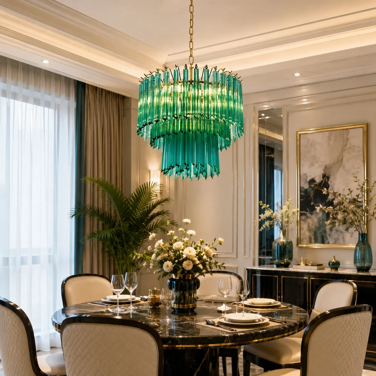 Modern Brass Teal Fluted Chandelier in Classic Dining Setting