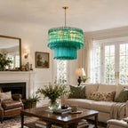 Modern Teal Fluted Art Glass Chandelier in Bright Living Room