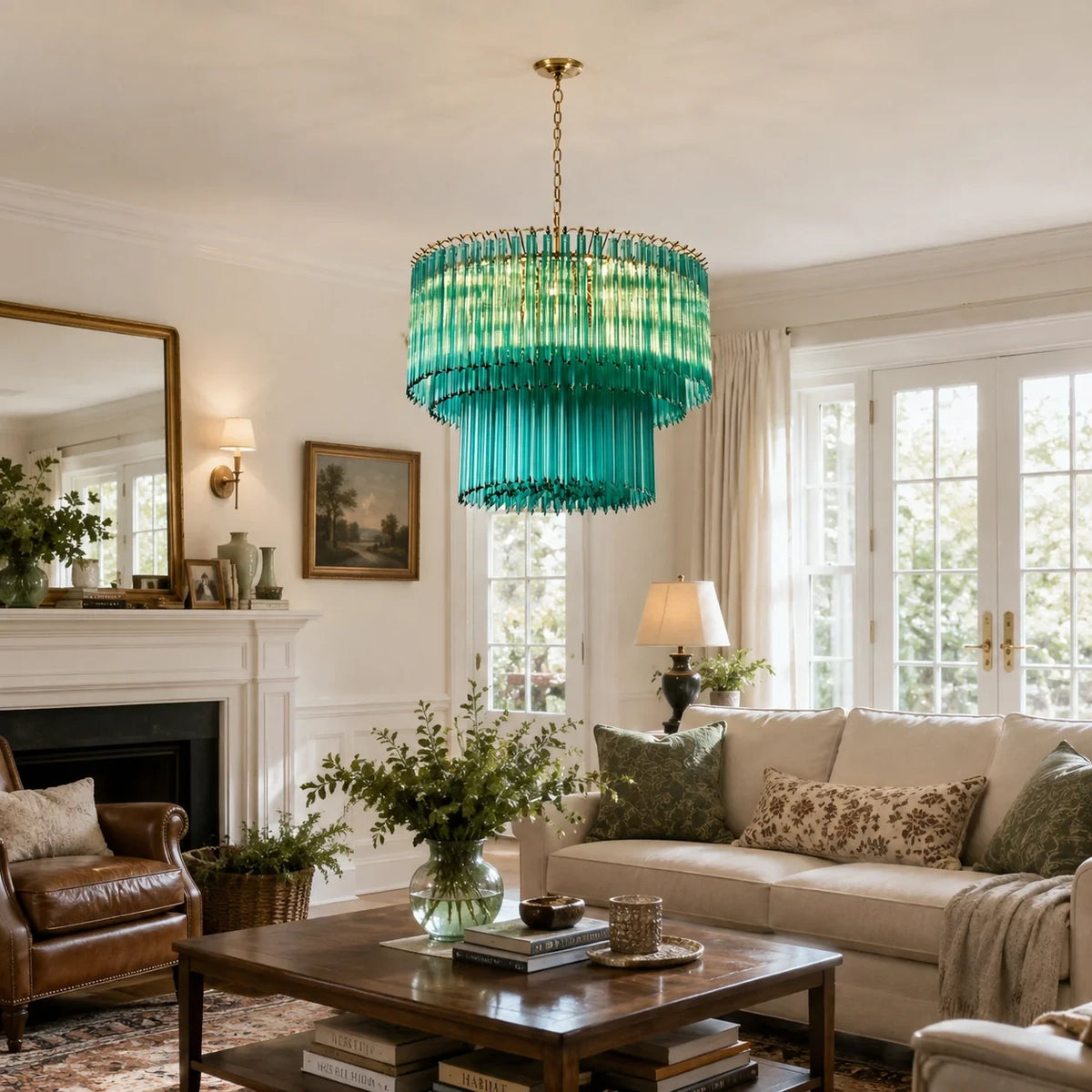 Modern Teal Fluted Art Glass Chandelier in Bright Living Room
