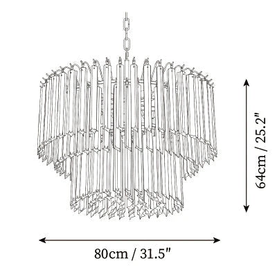 Modern Large Teal Fluted Art Glass Chandelier Line Art Dimension Diagram