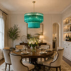 Modern Brass Teal Fluted Chandelier in Open Plan Kitchen Dining