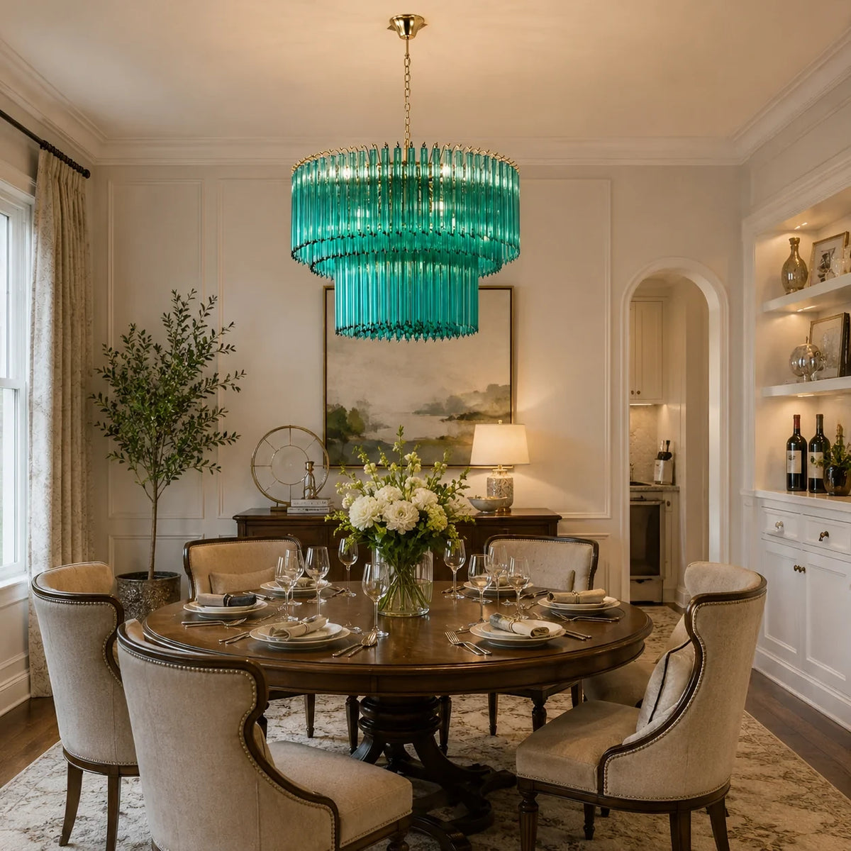 Modern Brass Teal Fluted Chandelier in Open Plan Kitchen Dining