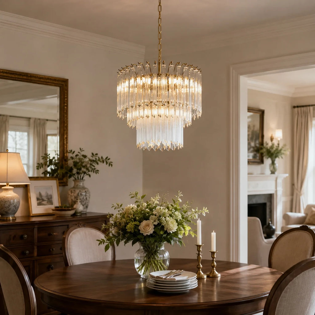 Modern Teal Fluted Art Glass Chandelier Over Kitchen Island