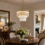 Modern Teal Fluted Art Glass Chandelier Over Kitchen Island