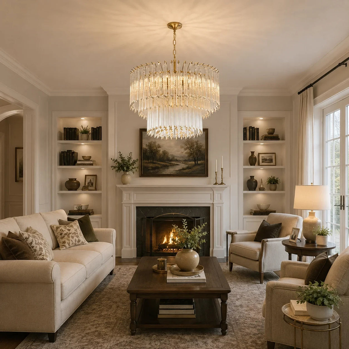 Modern Brass Teal Fluted Chandelier in Contemporary Living Space