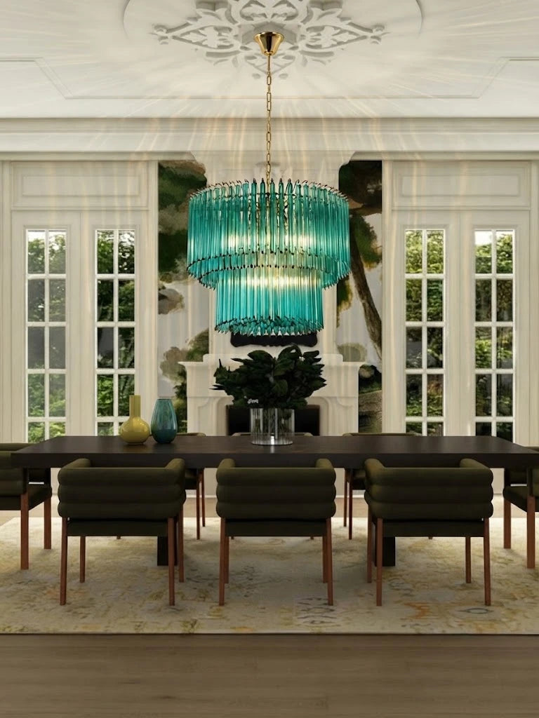 Modern Teal Fluted Art Glass Chandelier in Open Plan Dining Setting