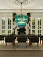 Modern Teal Fluted Art Glass Chandelier in Open Plan Dining Setting