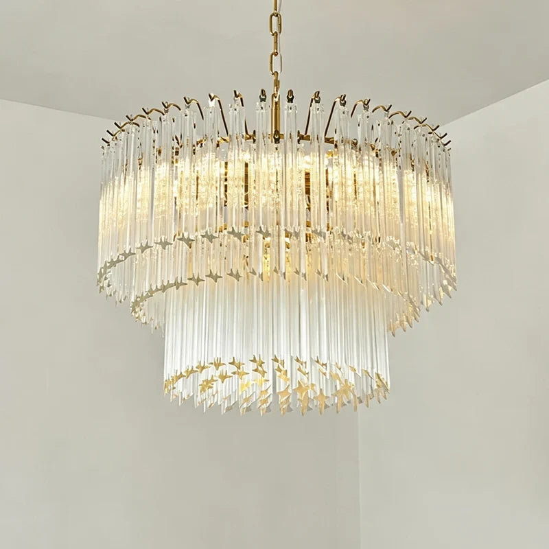 Illuminated Modern Brass White Fluted Art Glass Chandelier Studio Display