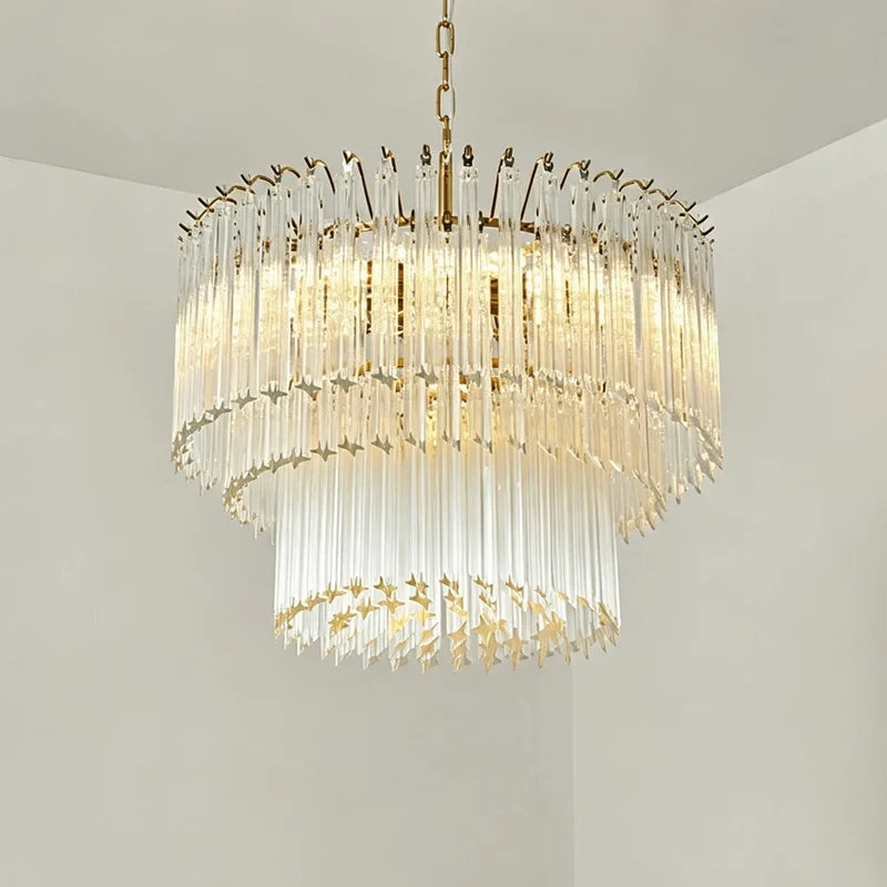 Illuminated Modern White Fluted Art Glass Chandelier Studio Shot