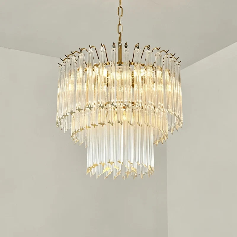 Illuminated Modern Brass White Fluted Art Glass Chandelier Studio Display