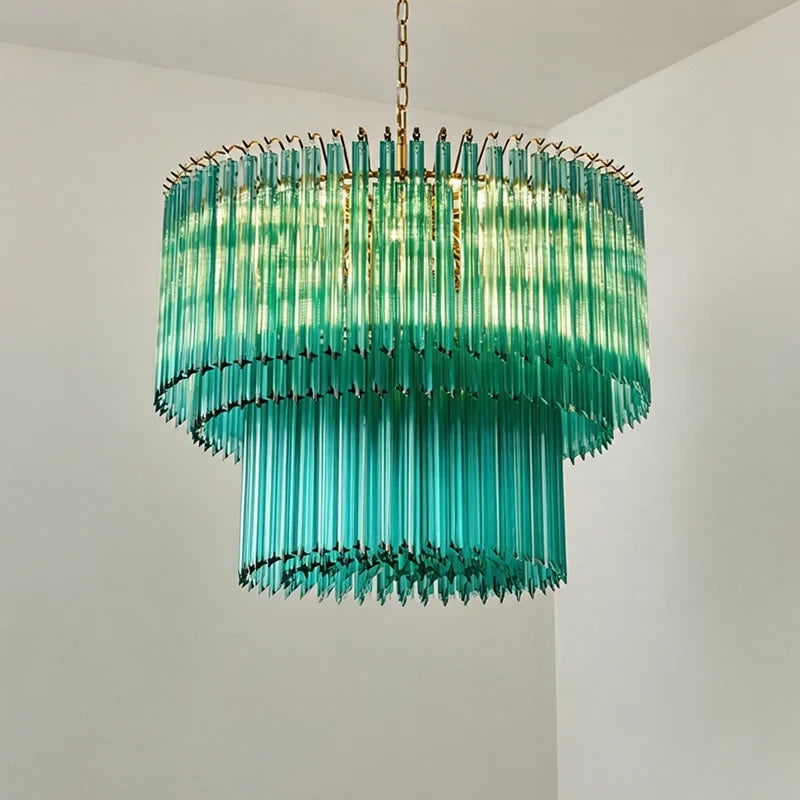 Illuminated Modern Teal Fluted Art Glass Chandelier Studio Shot