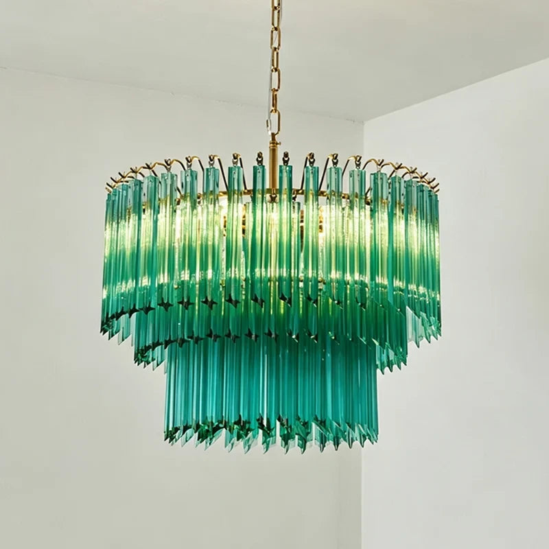 Illuminated Modern Brass Teal Fluted Art Glass Chandelier Studio Display