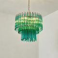 Upward View of Illuminated Modern Teal Fluted Art Glass Chandelier Studio Shot