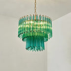 Upward View of Illuminated Modern Teal Fluted Art Glass Chandelier Studio Shot