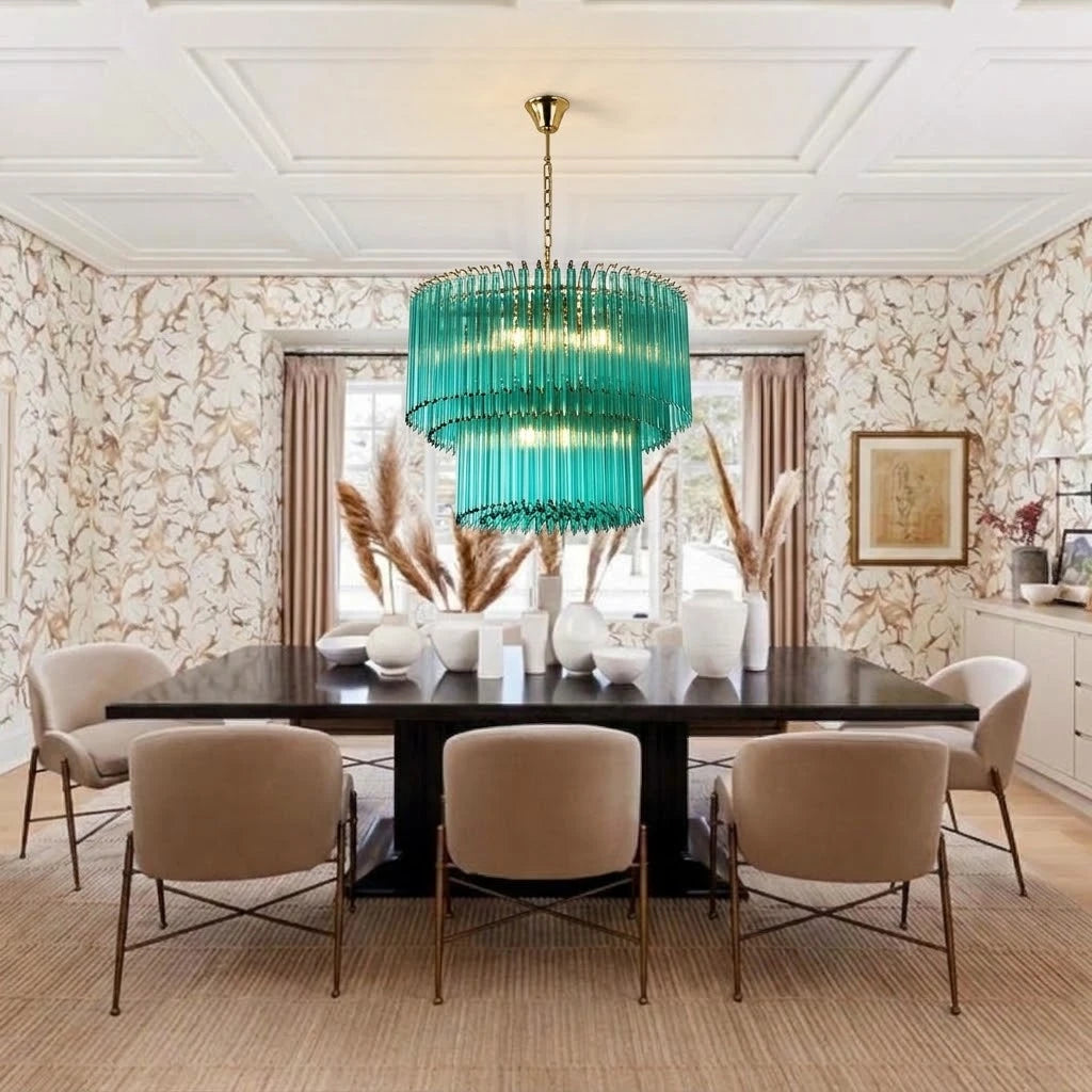 Modern Brass Teal Fluted Art Glass Chandelier in Formal Dining Room