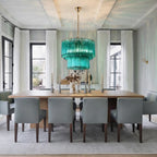 Modern Teal Fluted Art Glass Chandelier in Elegant Dining Space