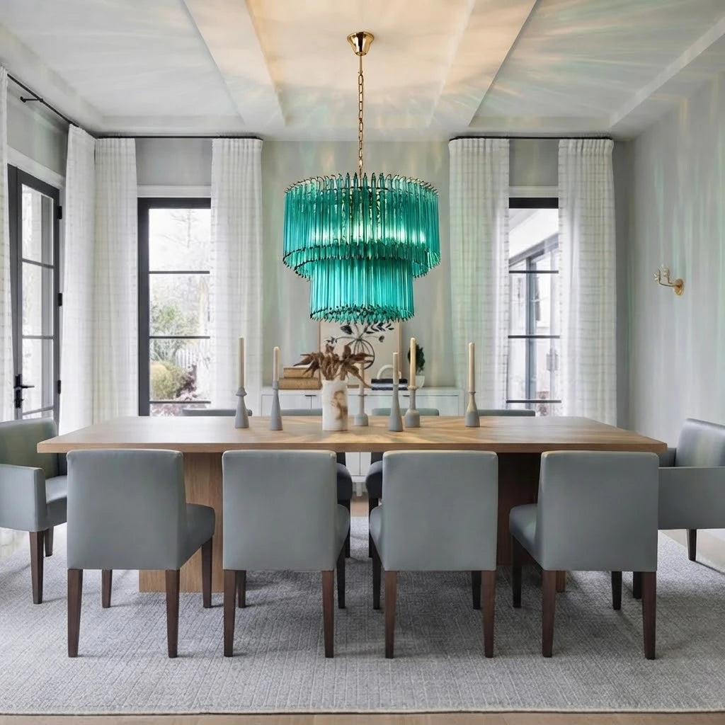 Modern Teal Fluted Art Glass Chandelier in Elegant Dining Space