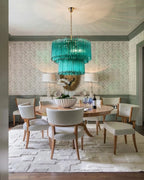 Modern Brass Teal Fluted Chandelier in Green Dining Interior