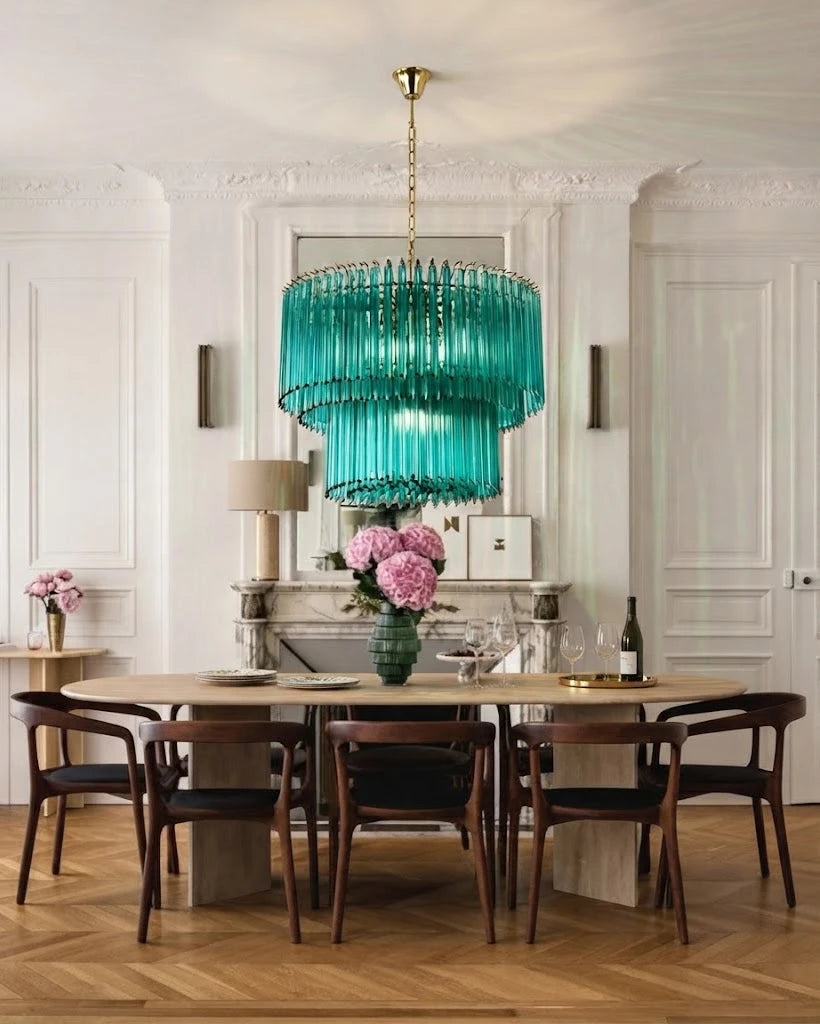 Modern Teal Fluted Art Glass Chandelier in Grand Hallway Foyer