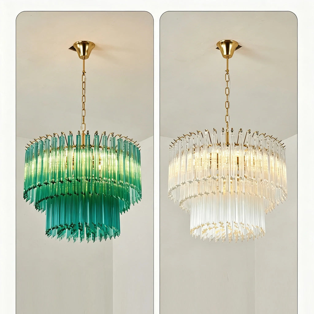 Comparison View of Teal and White Fluted Art Glass Chandeliers Studio Shot
