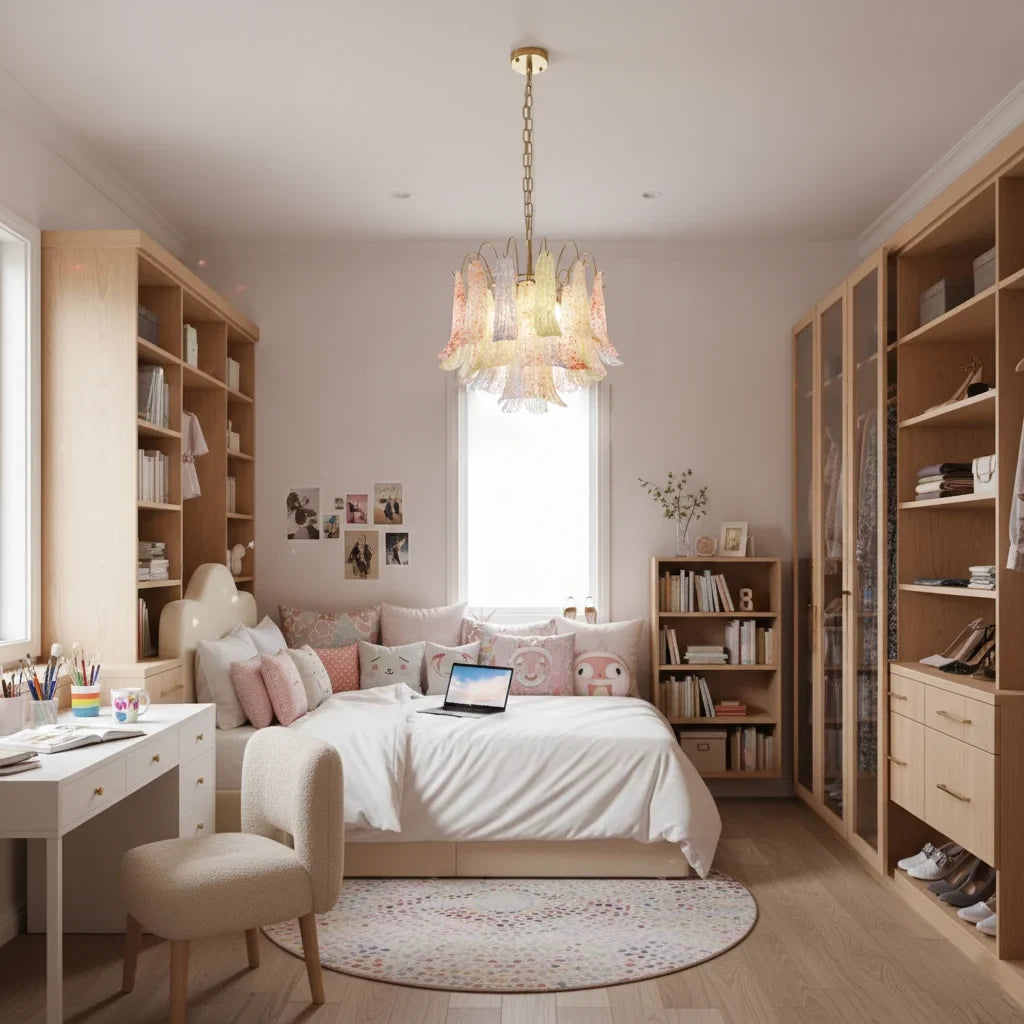 Modern Multi-Color Painted Petal Art Glass Chandelier in Cozy Bedroom Setting