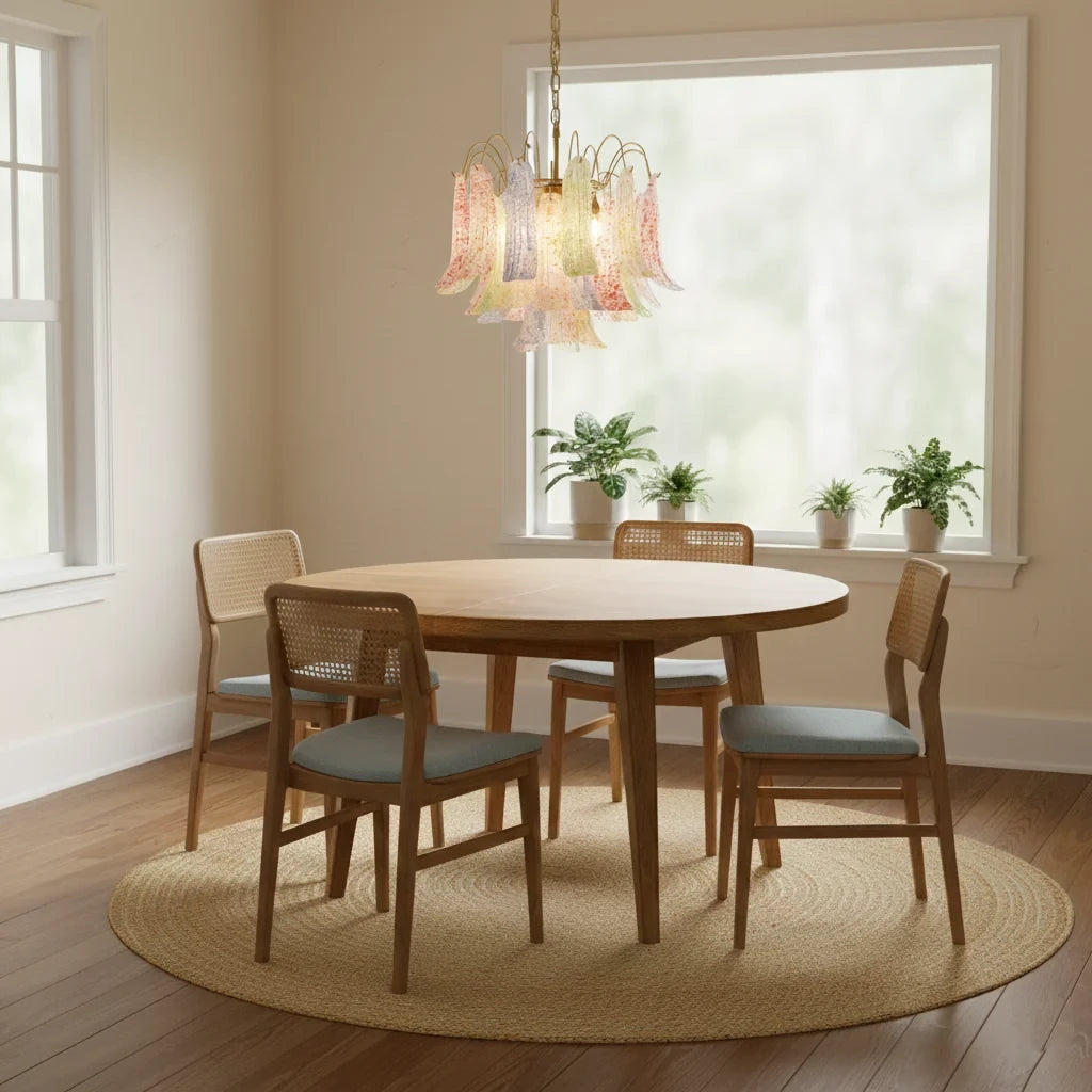 Modern Brass Multi-Color Petal Chandelier Over Round Dining Table