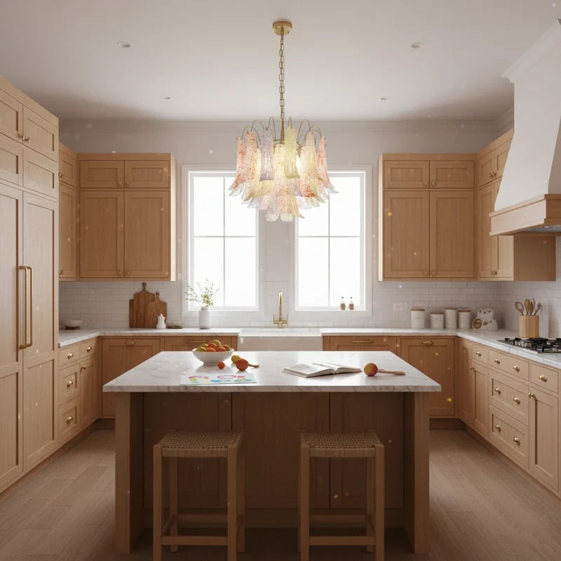 Modern Brass Multi-Color Petal Chandelier Over Kitchen Island