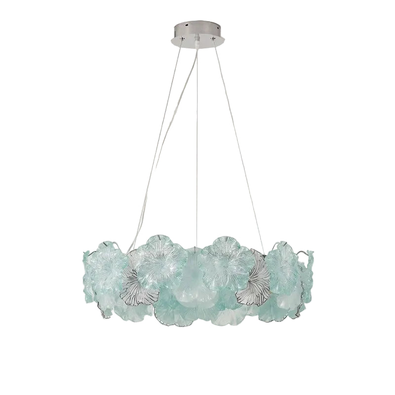 Modern Silver and Teal Hydrangea Petal Art Glass Chandelier with Chrome Canopy on Pure White Background