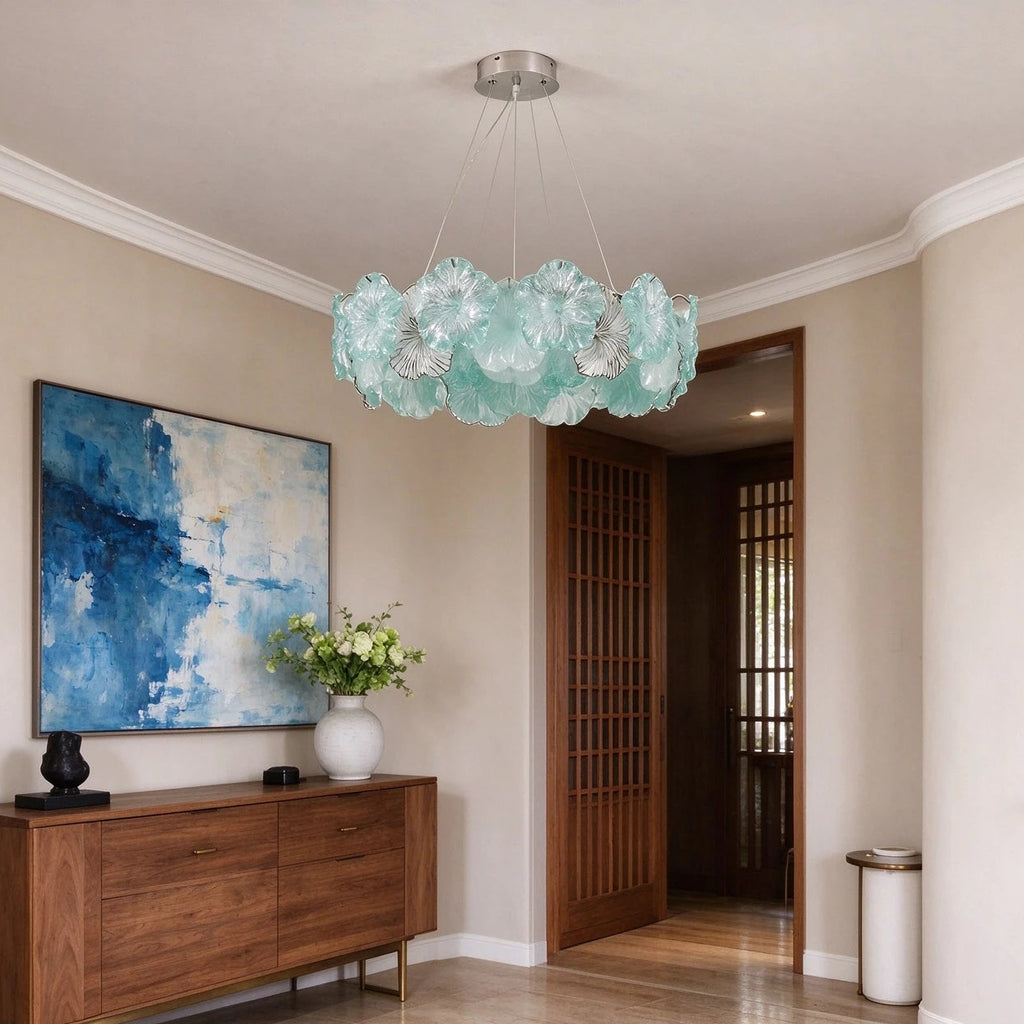 Modern Silver Teal Hydrangea Petal Chandelier in Grand Foyer Setting
