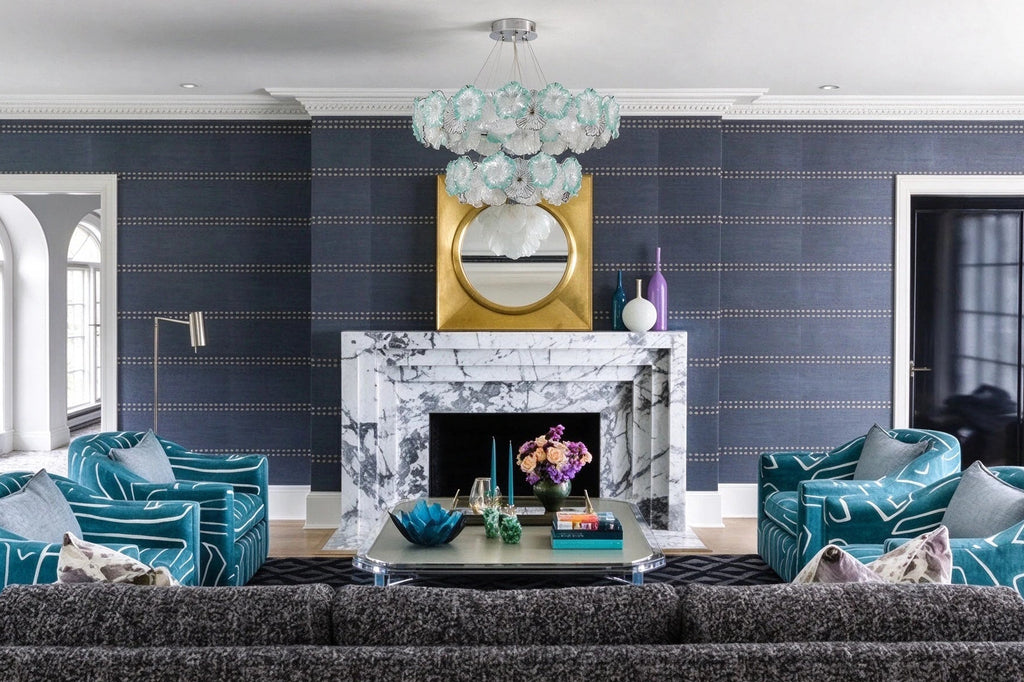 Modern Teal Hydrangea Petal Art Glass Chandelier in Formal Living Room