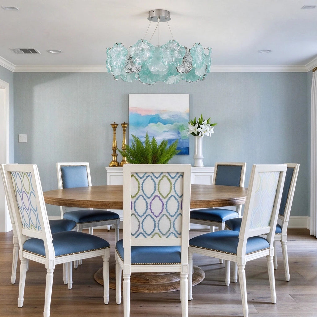 Modern Silver Teal Hydrangea Petal Chandelier Over Round Dining Table