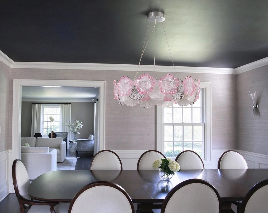 Modern Silver Pink Hydrangea Petal Chandelier in Luxury Dining Area